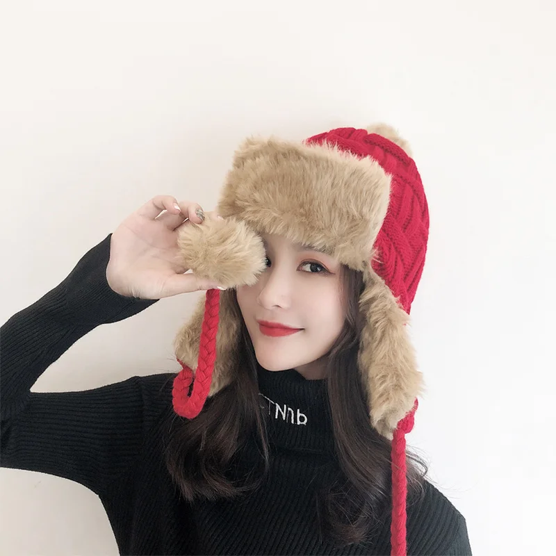 

H7724 Women Bomber Hat Female Winter Plus Velvet Warm Thermal Hair Ball Cap Korean Ear Protection Thick Wind-proof Knitted Hats