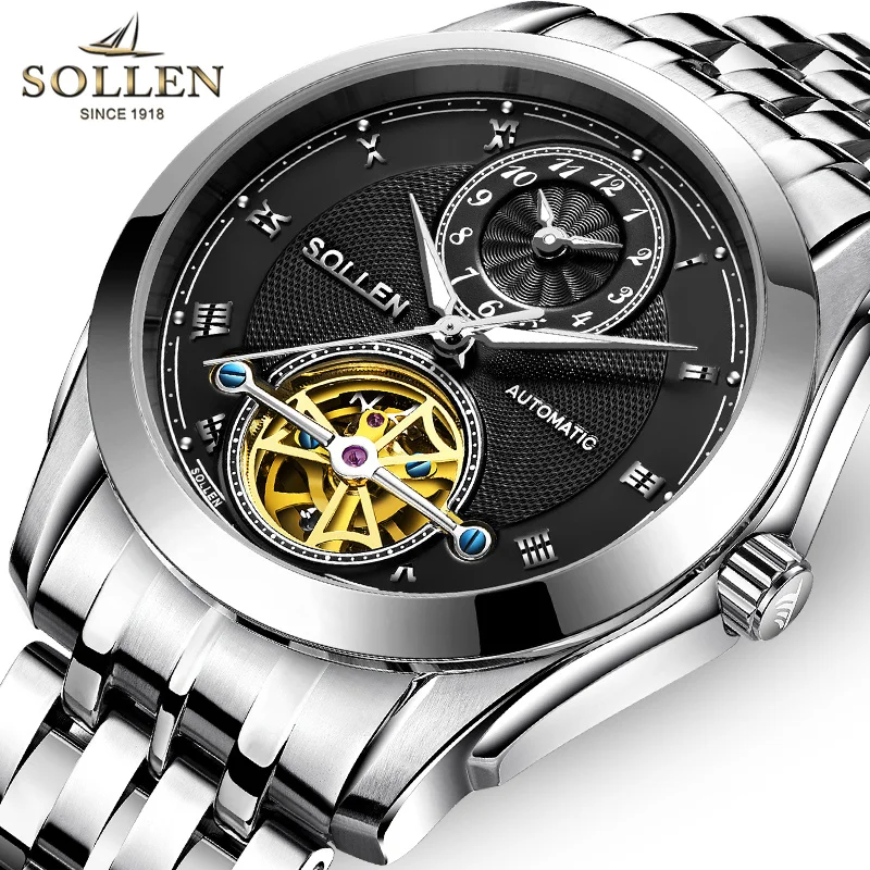 SOLLEN Switzerland Luxury Automatic Men's Watch Waterproof Dual Time Zone Luminous Dual Flywheel Skeleton Full Steel Clock SL501