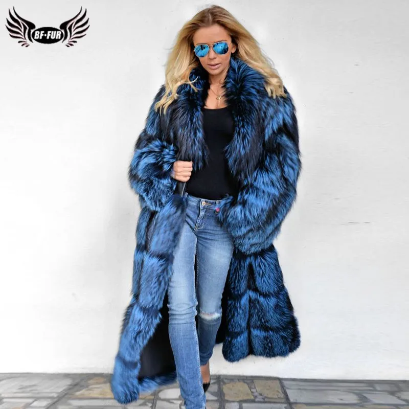 120cm Long Fashion Women Real Fox Fur Coat With Fur Collar Full Pelt Natural Silver Fox Fur Jacket Woman Russian Winter Overcoat