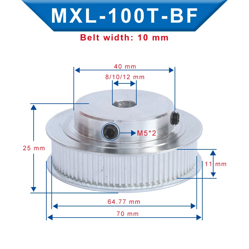 MXL-100T Timing Pulley Bore size 8/10/12 mm Pulley Wheel Slot Width 11 mm Match with Width 10 mm MXL-Timing belt For 3D Printers