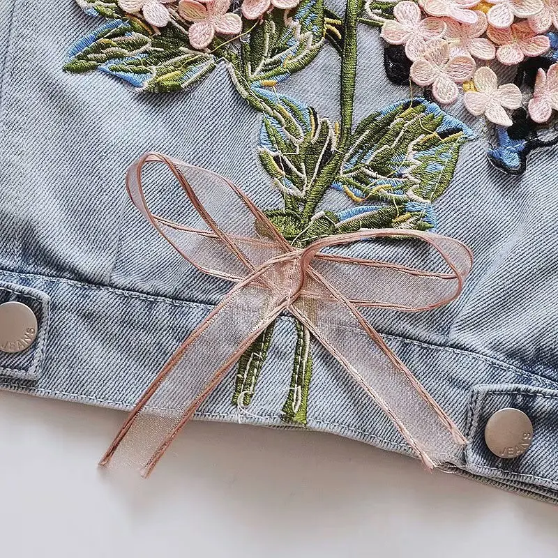 Veste en Jean Déchiré pour Fille, Vêtement d\'Extérieur, Combinaison de Broderie de Fleurs, Printemps-Automne