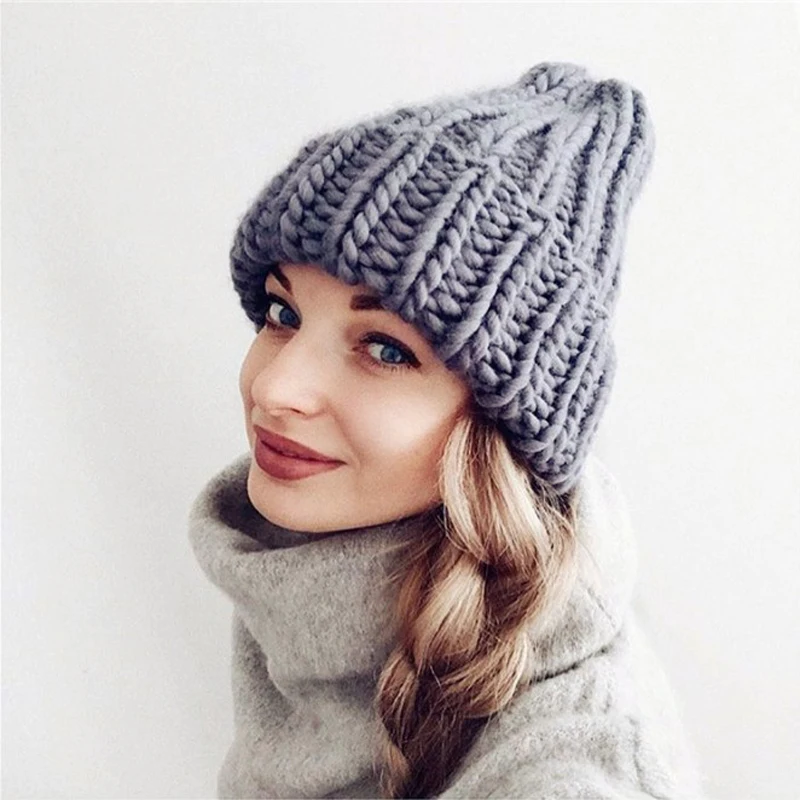 Women Winter Knitted Beanies Hat Thick Soft Warm Coarse Large Manual Knitted Solid Hat Female Ice Ski Bonnet Skullies Beanies