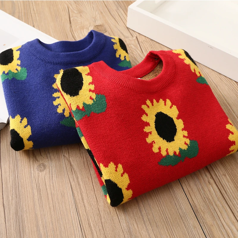 2024 New Autumn Spring Winter Warm 2 3 4 5 6 8 10 Years Baby Children Pullover Flower Print Knitted Thick Sweater For Kids Girls