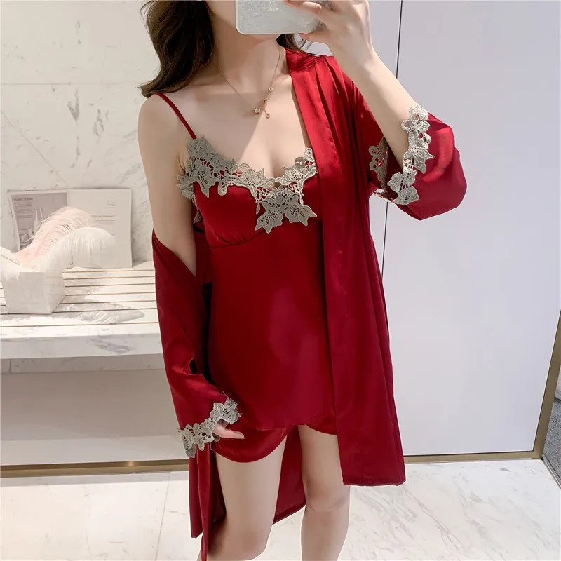 Lace Robe Suit Sexy Ladies\' Sleepwear Kimono Gown V-Neck Loose Intimate Lingerie Summer Chemise Nightgown Home Dressing