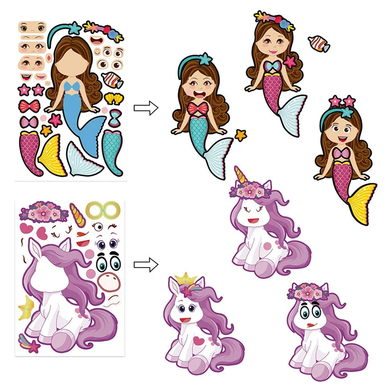 Cute Cartoon Make-A-Face Stickers Sheets Mermaid Unicorn DIY Puzzle Games Kids Jigsaw Stickers Children Birthday Gift Toys