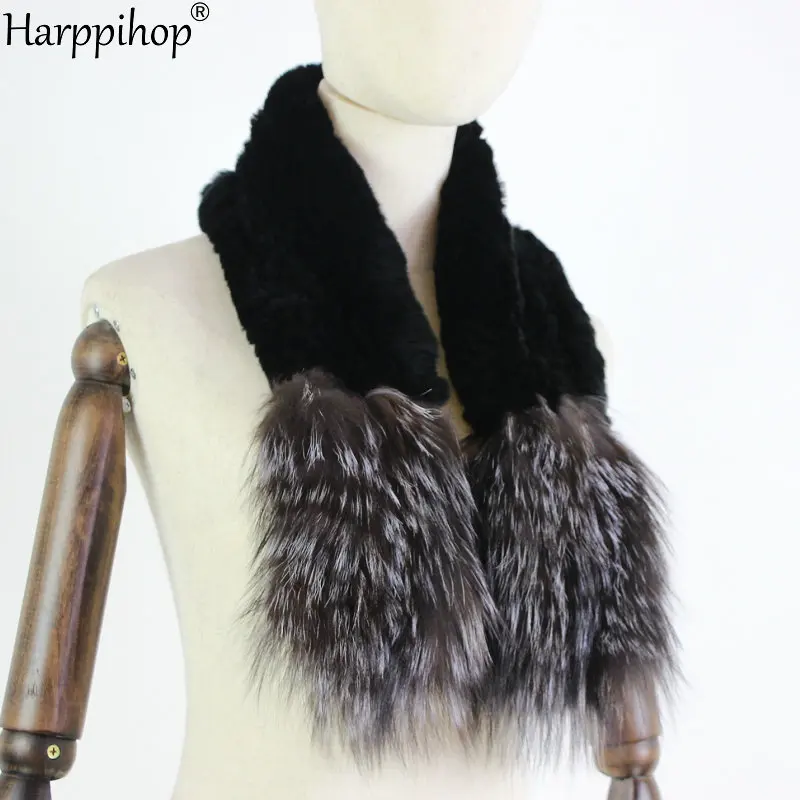 HARPPIHOP*Brand Real Rex Rabbit Fur Scarf Collar Knit Infinite Scarves Women type Fur Scarf Women Real Rabbit Fur fox fur Shawl