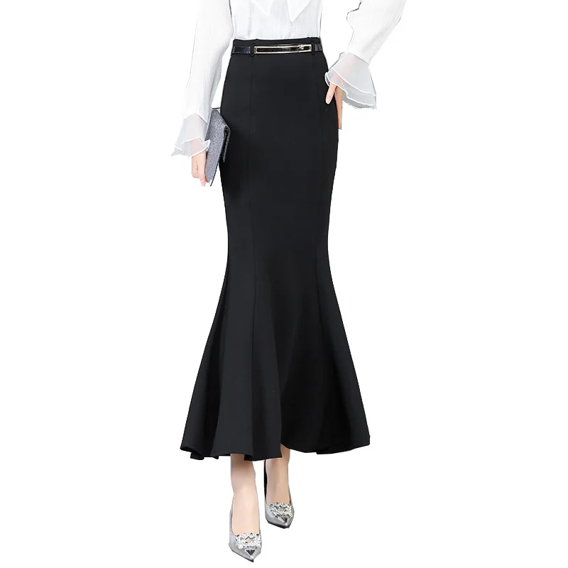 Women\'s Mermaid Style High Waist Long Maxi Skirt with Belt, Plus Size S-3XL, Stretch, Spring and Autumn 2026,Black And Red