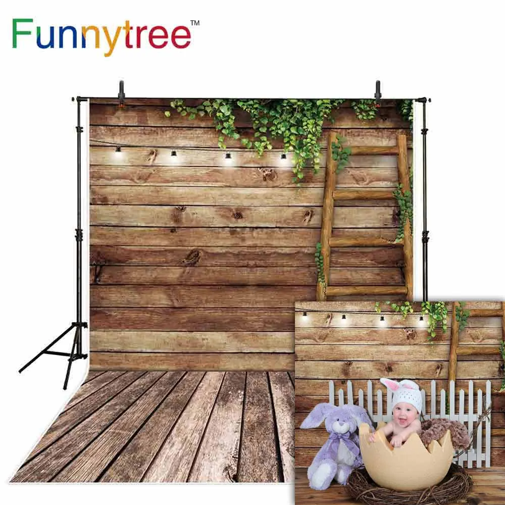 Funnytree Latar Belakang untuk Fotografi Studio Kayu Dinding Lantai Tangga Daun Musim Semi Latar Belakang Photobooth Photocall Prop