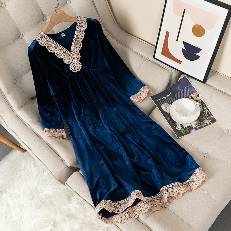 Velvet Sleepwear Women Sleep Dress V-neck Nightdress Velour Nightgown Nightwear 2021 New Intimate Lingerie Homewear