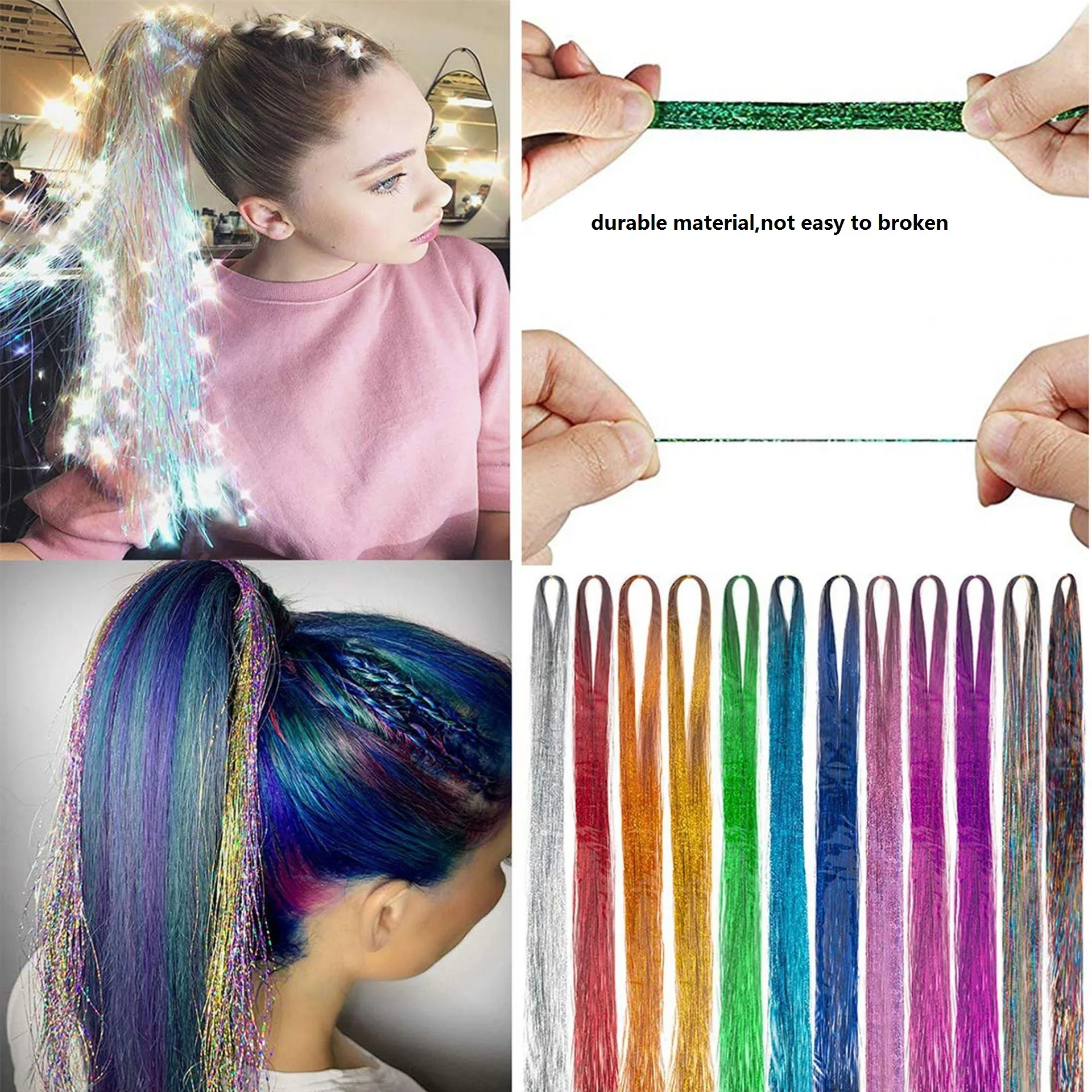 Tinsel Sparkle Synthetic Tinsel Hair Glitter Hair Extension 150 Strands 100cm Colorful Laser Silk Rainbow For Girls And Party