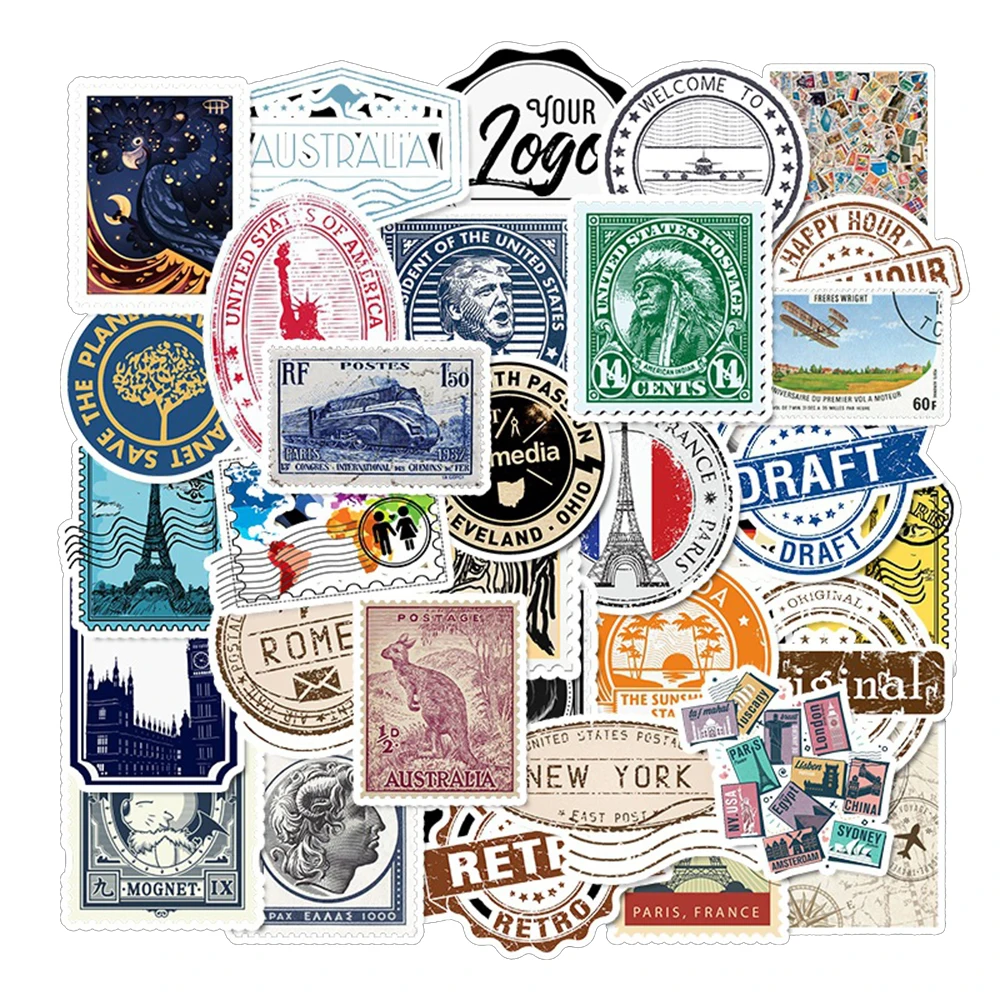 10/30/50pcs Vintage Stamp Stickers Landmark Building DIY Decals Toy Travel Suitcase Laptop Luggage Waterproof Graffiti Sticker