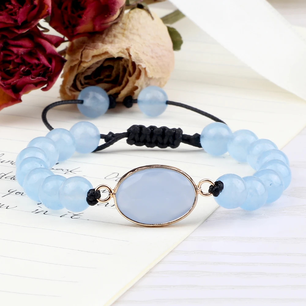 الأزياء 6 8MM الأزرق العقيق حبة سوار البيضاوي قطرة نوع حجر قلادة مضفر سوار زوجين قابل للتعديل مجوهرات هدية