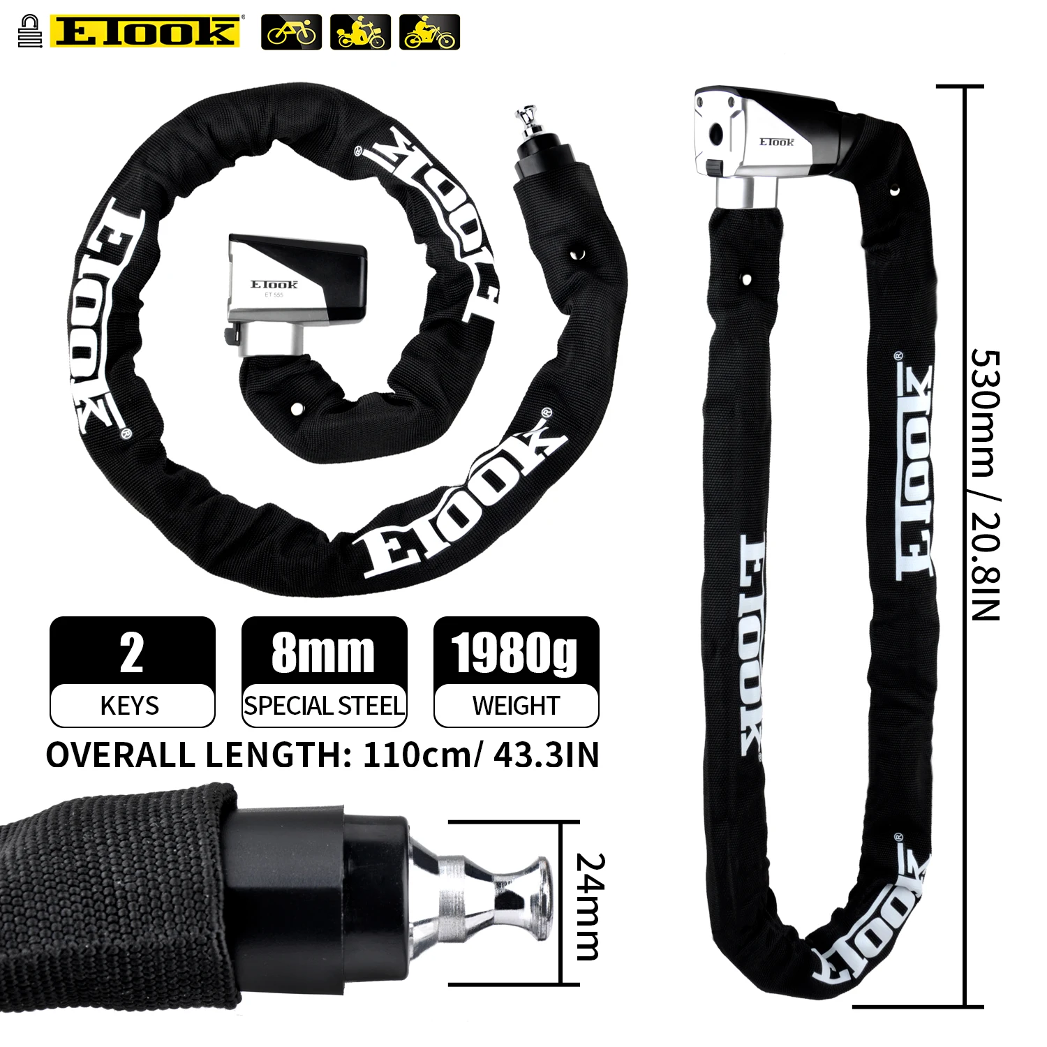 Etook-盗難防止自転車ロック,頑丈な安全ロック,オートバイとスクーター用のチェーンロック,MTBアクセサリー