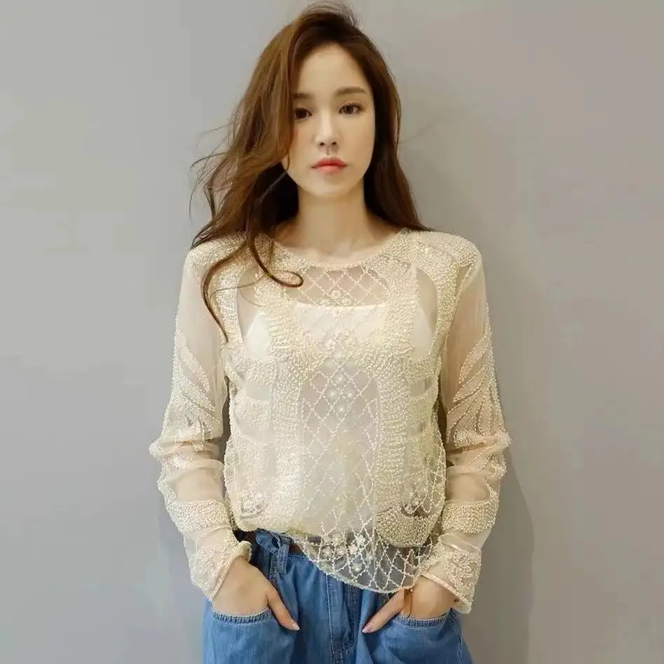 Spring Patchwork Beaded Mesh Blouse Handmade Beading Flower Sexy O Neck Women Shirt Elegant Long Sleeve Tops Pullover