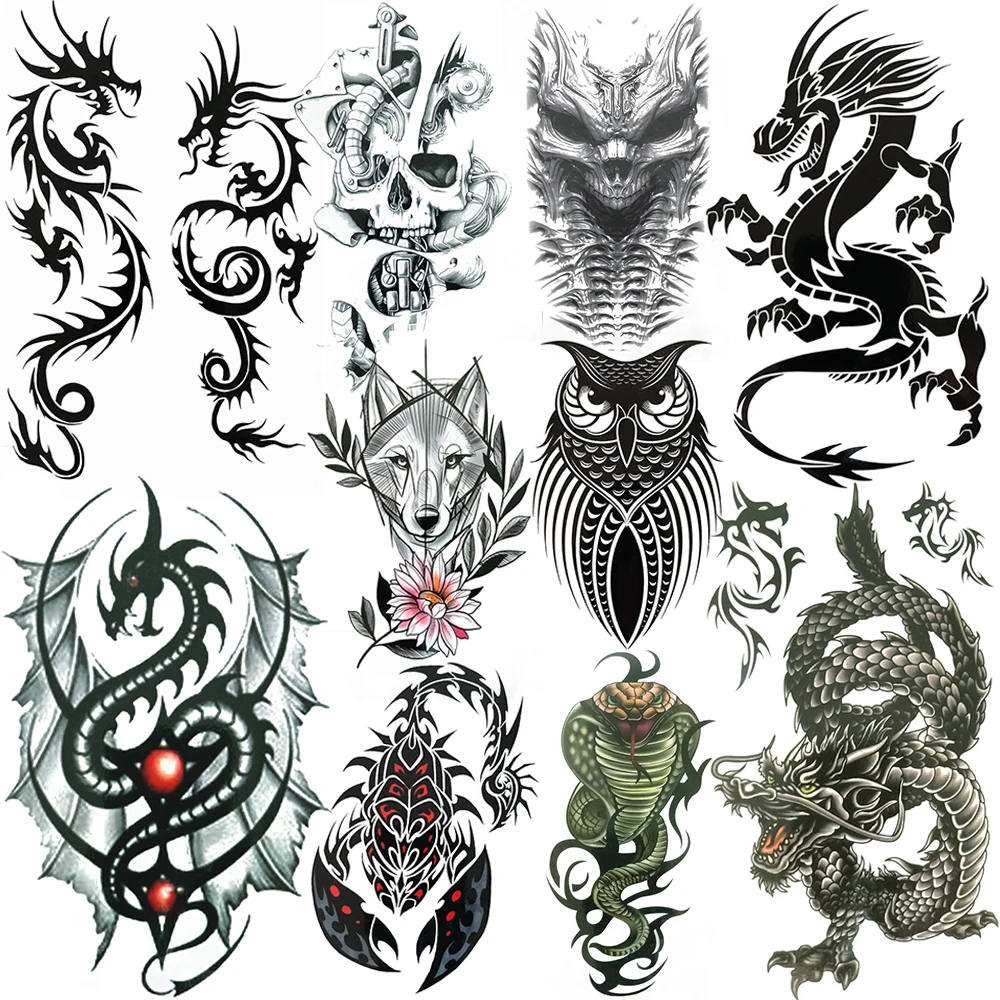 Faux Tatouage Autocollant Temporaire Animal Noir, Dragon, Salle, Théâtre,  Loup, Crâne de Mort Maléfique, Bras de Démon, pour Femmes, Hommes et  Enfants / Tattoo et body art, image size:1000x1000