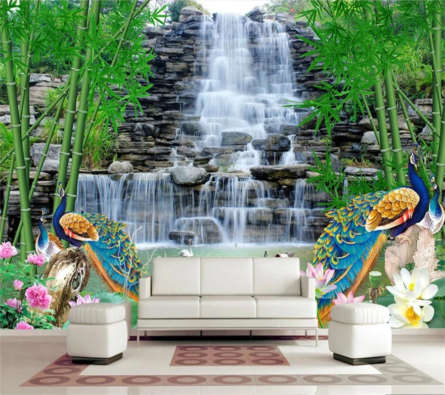 

beibehang Custom wallpaper 3d murals landscape waterfall bamboo lotus peacock landscape painting papel de parede 3d wallpaper