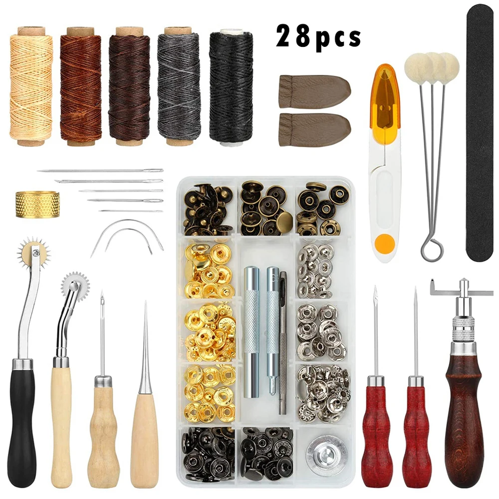 28Pcs Leather Crafting Tools with Groover Waxed Thread Saddle Snap Button Tools Kit for Stitching Punching Sewing Leather Tool