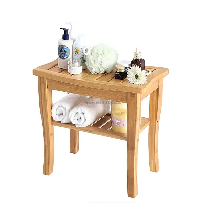 Natural Bamboo Shower Bench Seat Wooden Spa Bath Deluxe Organizer Stool with Storage Shelf