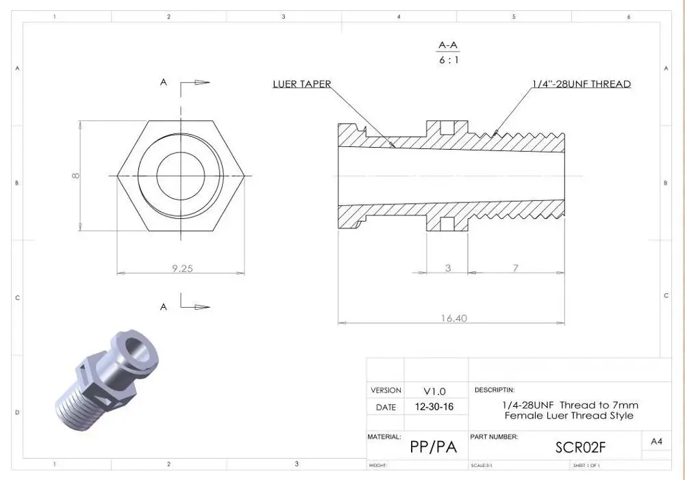 1 ud. Hembra Luer a accesorios de Rosca-rosca macho 1/4-28UNF, 1/8-27NPT