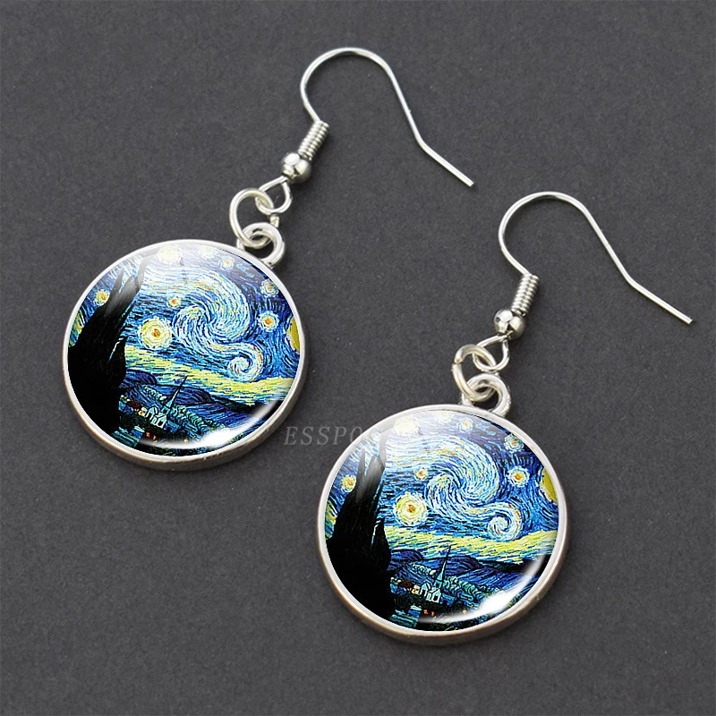 Van Gogh Oil Painting Stainless Steel Drop Earrings Glass Cabochon Dangle Hook Earrings Silver Color Women Jewelry Wholesale