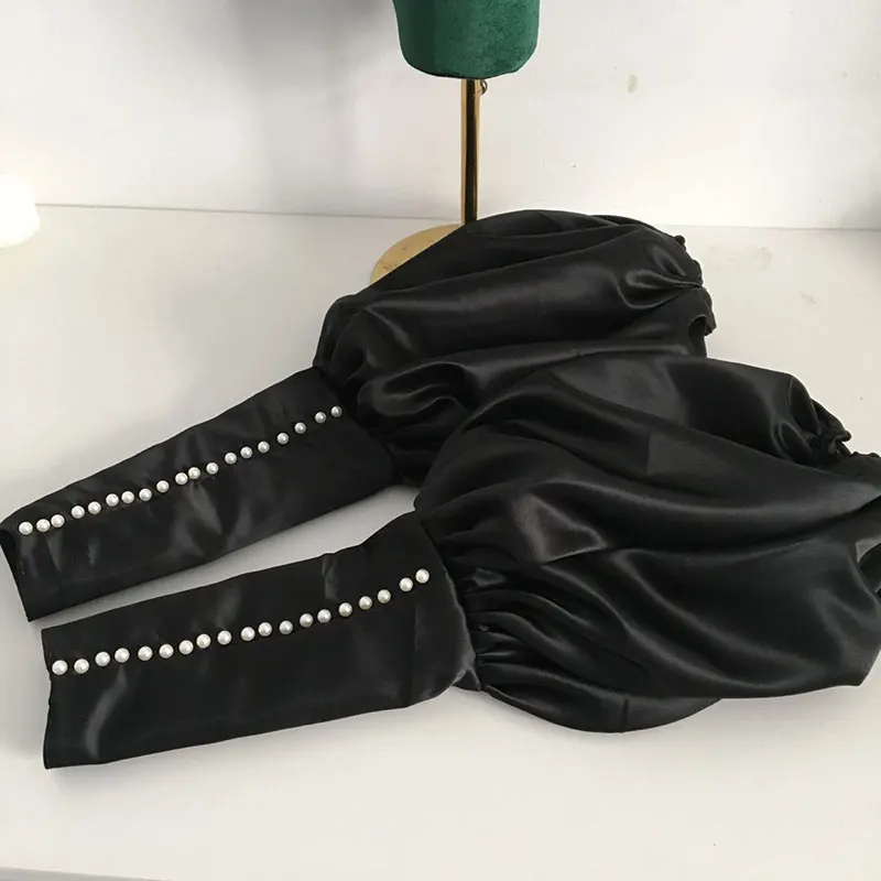 Women's Elegant Designer White Black Beaded Satin Glove Female Vintage Photography Formal Dress Armsleeve Glove R400