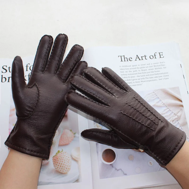 New women\'s deerskin gloves leather color fashion wool knitted lining hand-stitched outdoor driving and cycling warm gloves