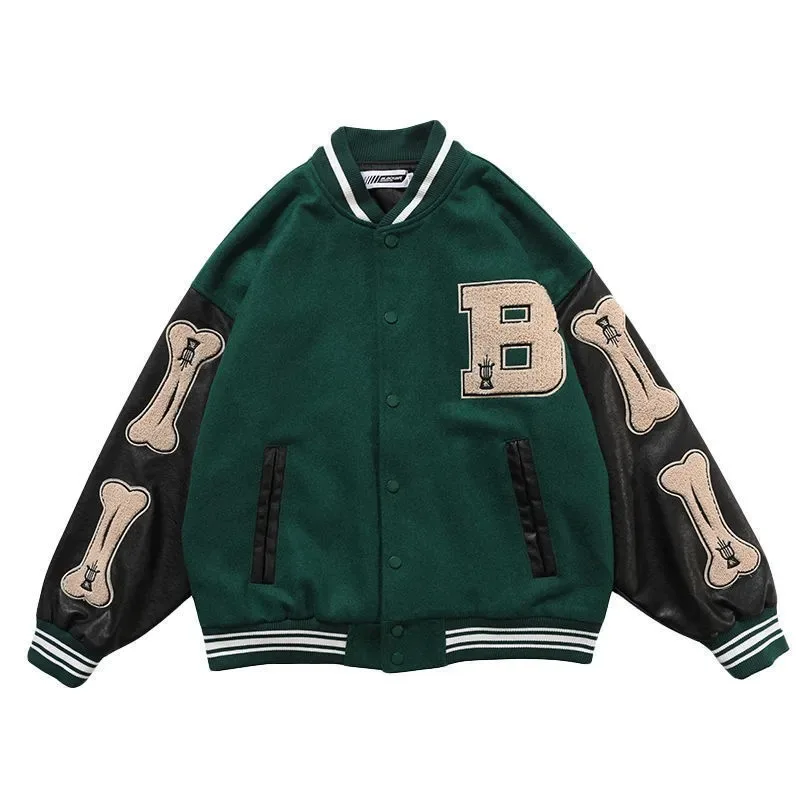 Vintage Bone Varsity Jacket Men Leather Sleeve Plush Letterman Women\'s Bomber Jacket Hip Hop Coat Baseball Oversize Green Purple