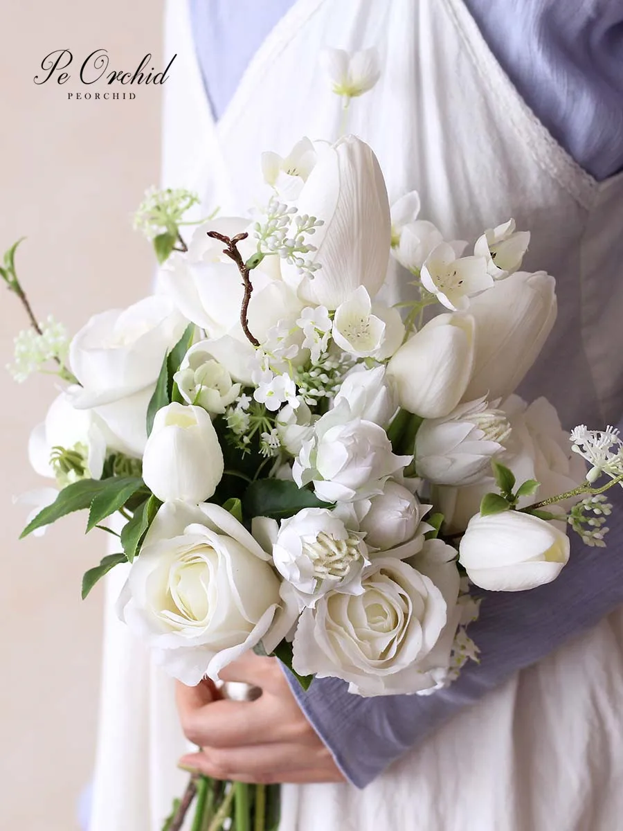 Bouquet de Mariage blanc avec roses et tulipes, Collection de fleurs artificielles pour mariée, Bouquet décoratif pour église, nouvelle Collection