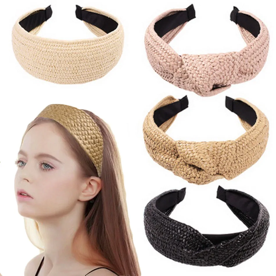 1pcs women fashion Handmade Straw Weave top knot headband girl hairbands bohemian hair band turbantes wide Hair Hoop accessories