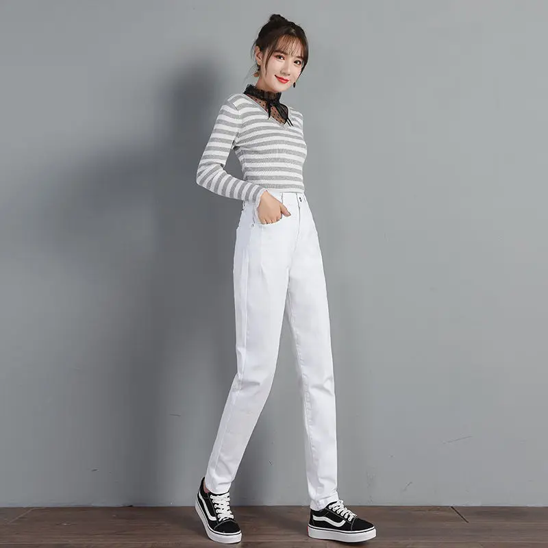 

High Quality White Jeans Women New Elastic High Waist Straight Jeans Spring Summer Cotton Denim Harem Pants Black Cowboy Trouser