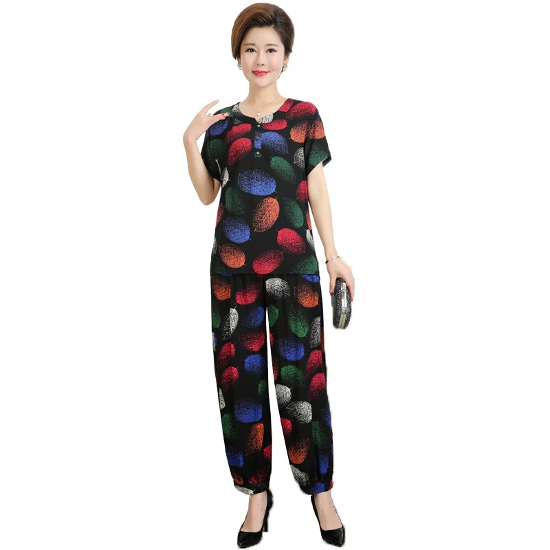 

Middle-aged and Elderly Women's Sets Spring Summer Short Sleeve T-shirt & Trousers 2 Pcs Pants Suits Mom Elegant Home Service