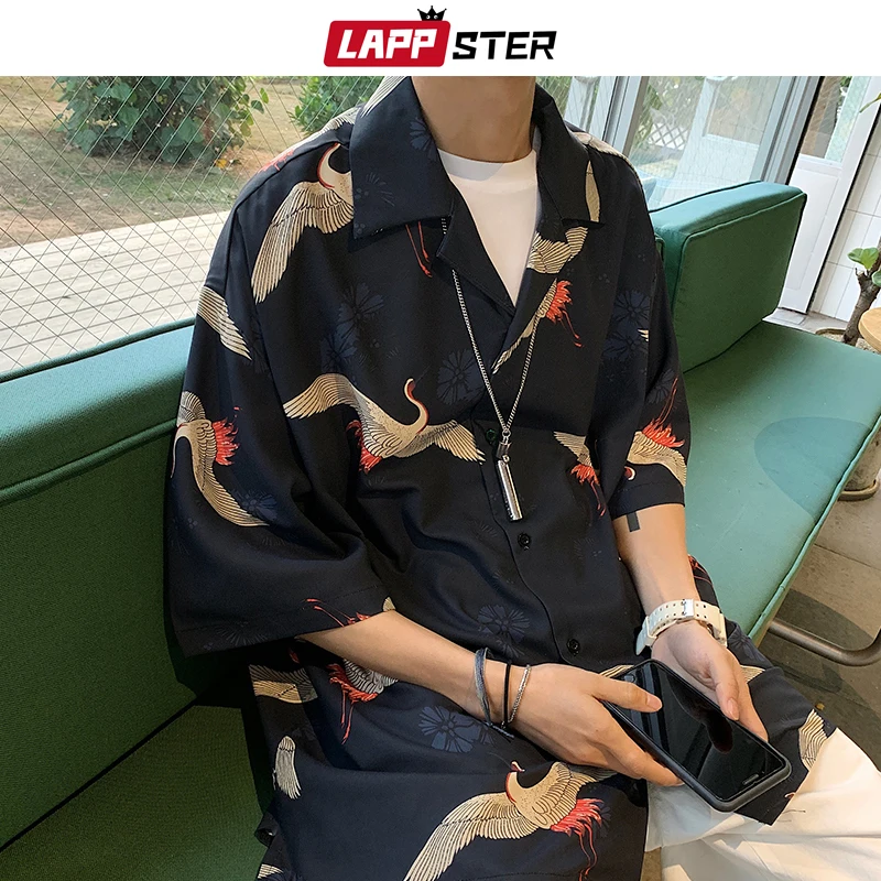 LAPPSTER Y2k Crane Print Shirts Harajuku Tracksuits 2023 Summer Vintage Button Up Short Sleeve Shirts Korean Suit Set Shorts