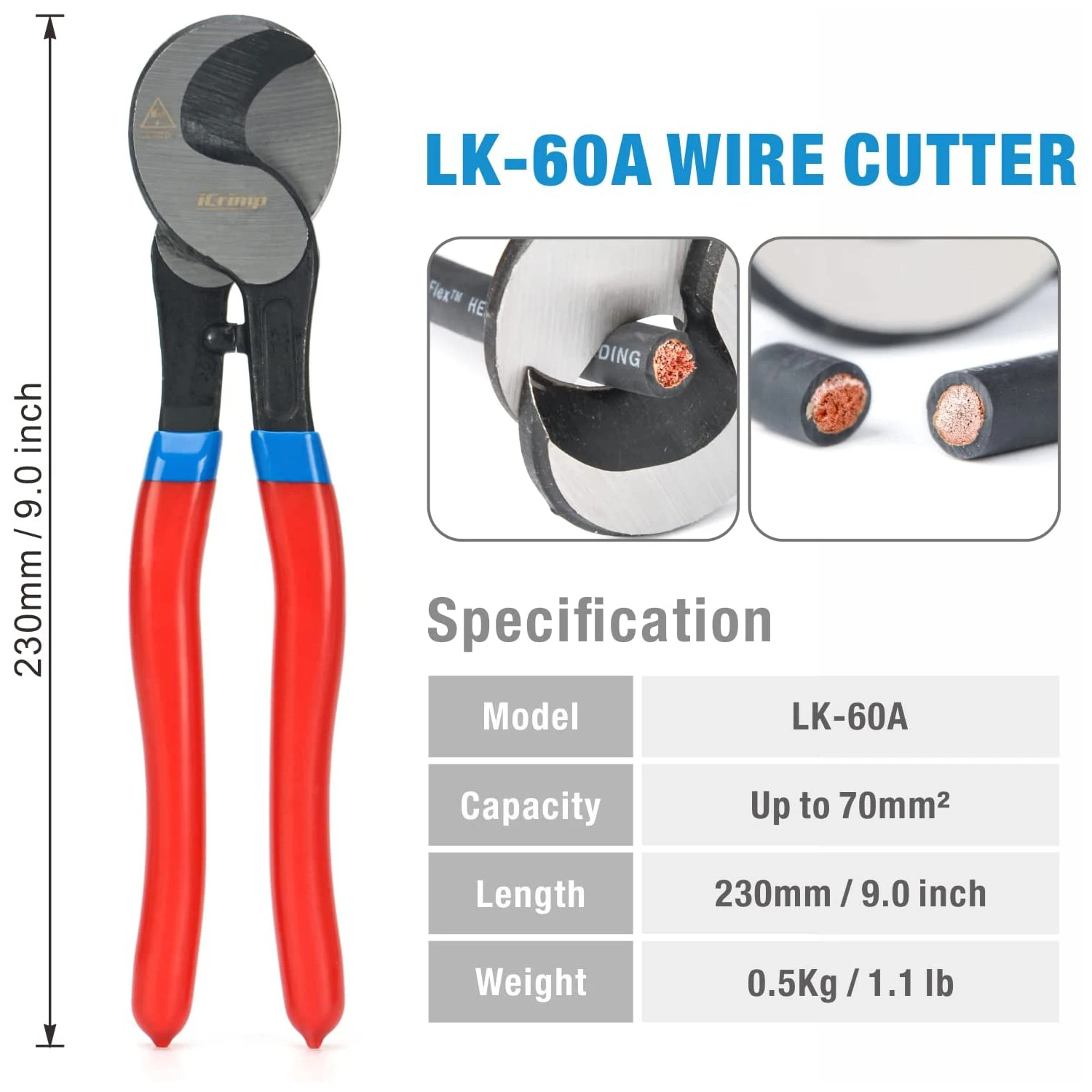 IWISS HX-50BI Battery Cable Lug Crimping Tool from AWG 8- 1/0 with Cable Cutter Pliers Hand Tools Crimp Flat Nose Carbon Steel