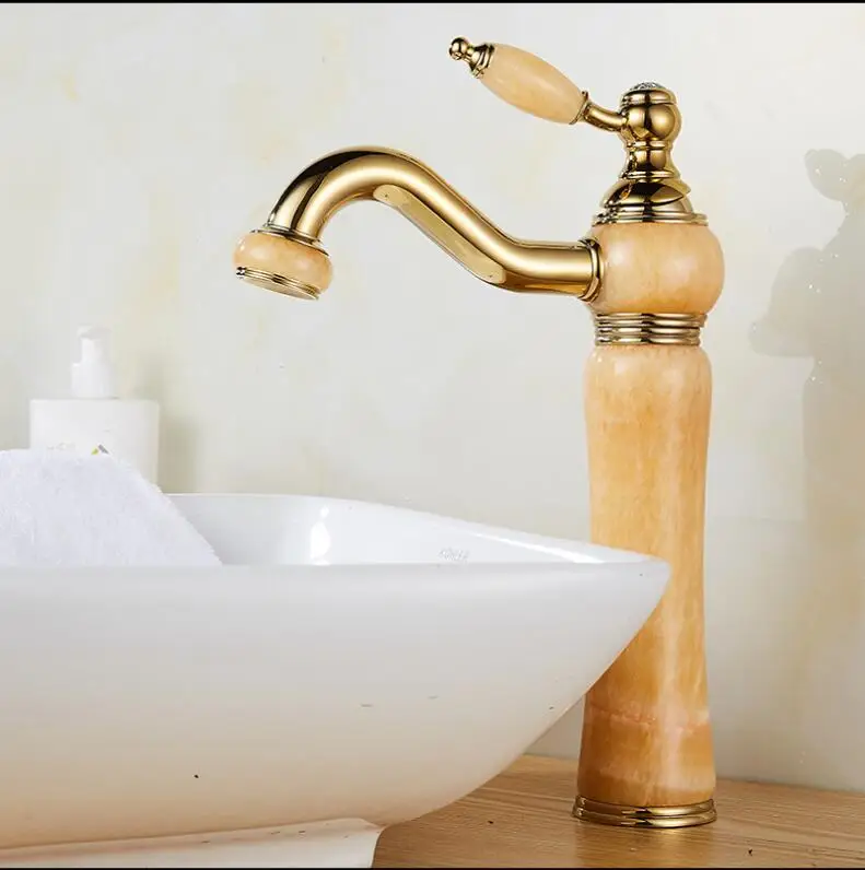 Vidric Basin Faucet Gold Crane Brass Jade Body 360 Degree Swivel Bathroom Basin Faucet Deck Mount Counter top Water Mixer Tap