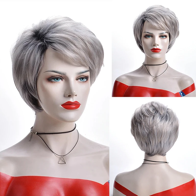 Short Synthetic Hair Ombre Black Grey Straight Wig Pixie Cut Wigs For Women Short Curly Bob Wig Cosplay Kinky Curly Daily Use