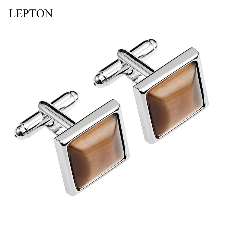 Low-key Luxury Brown Stone Cufflinks for Mens Lepton Square Silver Color Metal High Quality Man French Shirt Cuffs CuffLink