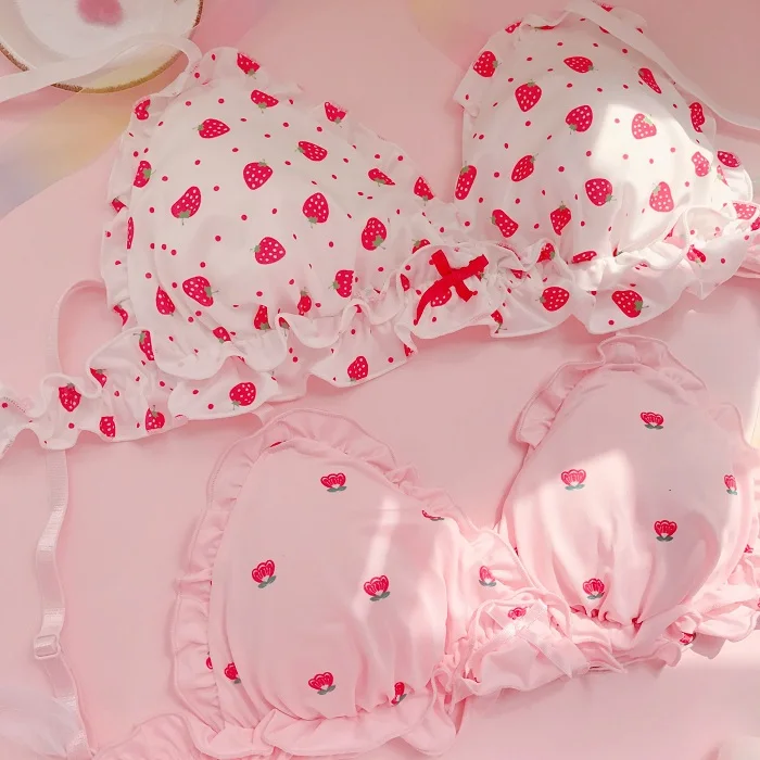 Strawberry / Print Japanese Milk Silk Bra & Panties Set Wirefree Soft Underwear Intimates Set Kawaii Lolita Bra and Panty Set