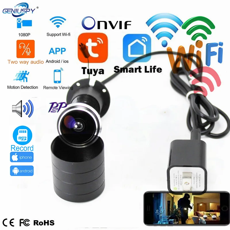 

Tuya Door Eye Hole Security 1080P 1.78mm Lens Wide Angle FishEye CCTV Network Mini Peephole Camera WifI IP P2P TF Card Onv