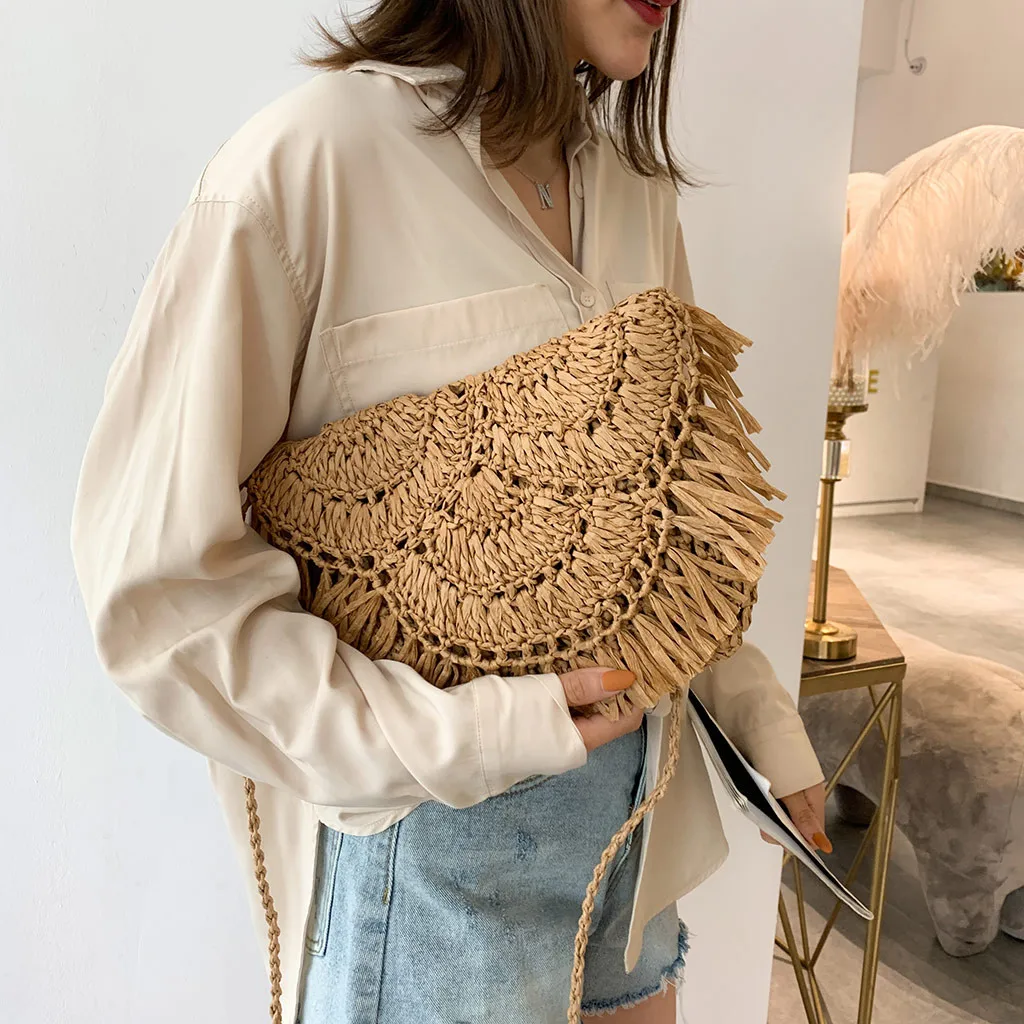 

Bohemian Hollow Tassel Rattan Women Shoulder Bags Wicker Woven Crossbody Bags Summer Beach Straw Bag Lady Clutches Female Purses