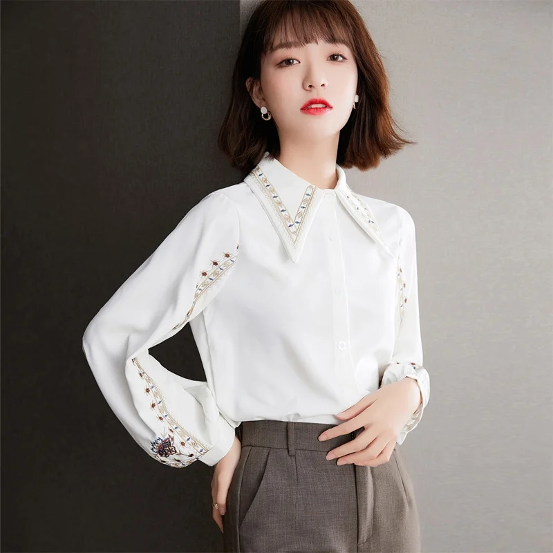Camisa bordada de manga larga para mujer, Top Vintage de gasa blanca, Blusas de primavera 2021