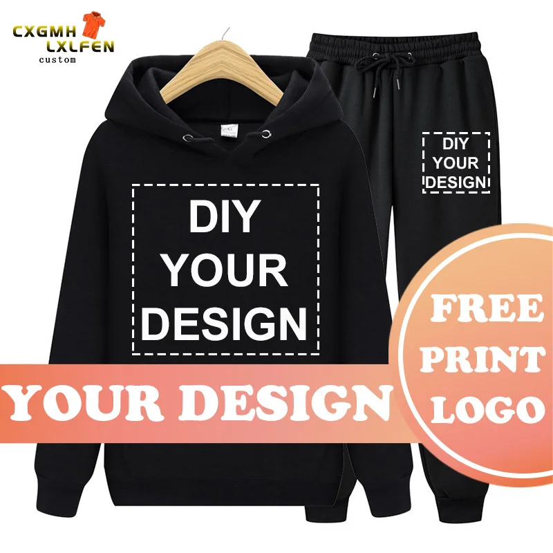 hot Two Pieces Set fashion hooded sweatshirt Customize Black white LOGO men's sportswear hoodie autumn men's hoodie + pants Sets