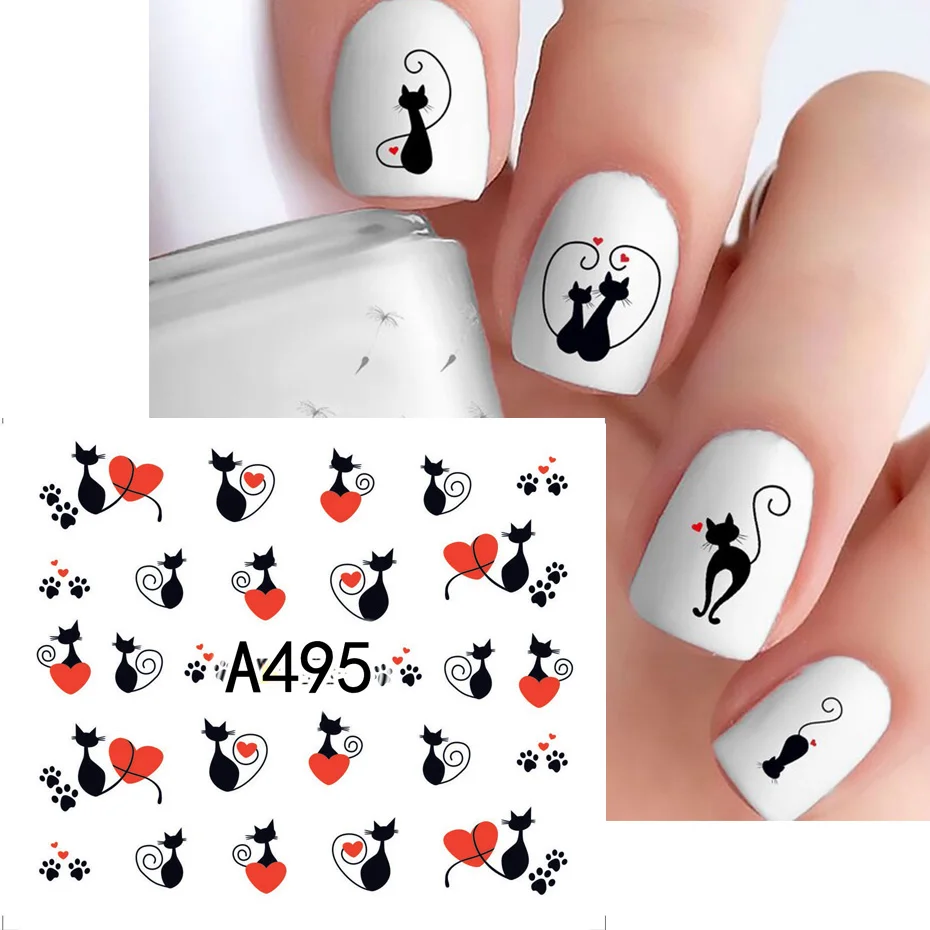 12pcs adesivi per gatti neri decalcomanie per unghie Love Heart Cartoon Nail Art cursori d'acqua decorazioni per tatuaggi Manicure di san valentino TRA493-504