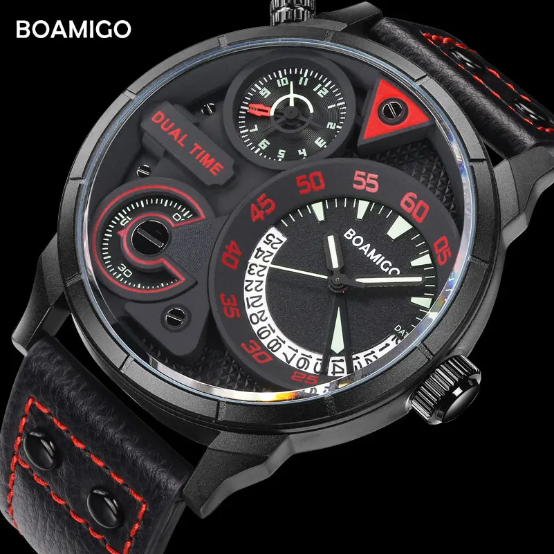 

BOAMIGO Top Brand Luxury Dual Time Wristwatches Fashion Men Sport Quartz Watch Leather Strap Waterproof Relogio Masculino