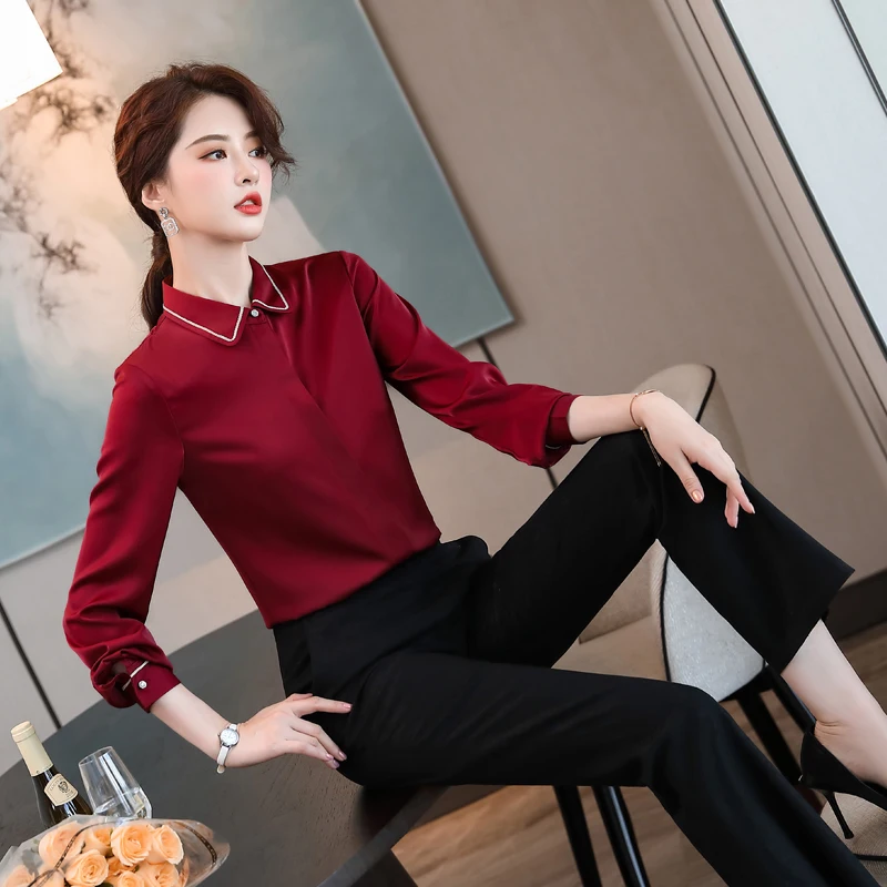 Lenshin New Fabric High-quality Smooth and Soft Patchw Shirt for Women Blouse Tie Elegant Tops Long Sleeve Office Lady Work Wear