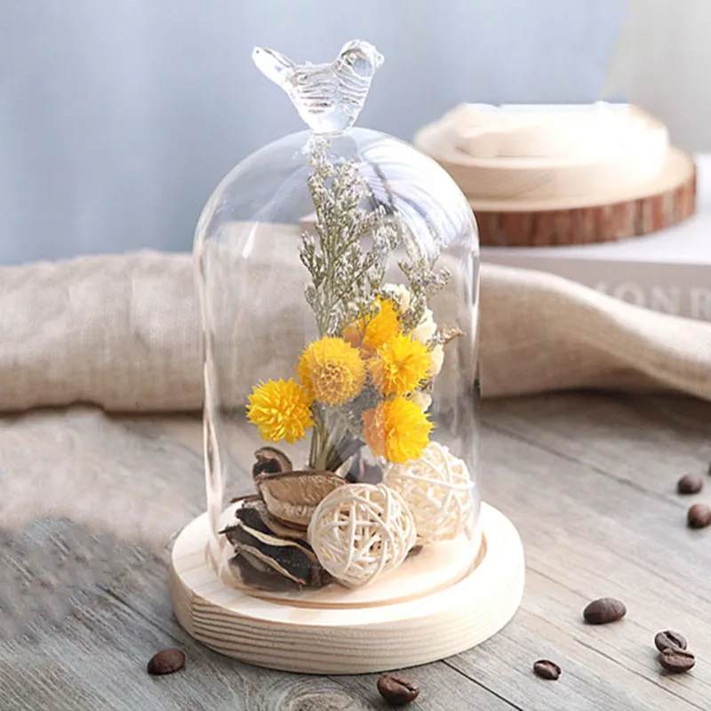 Middle Size 12*16cm Bird Top Glass Dome Vase Home Deocration Log Base Transparent Cover Wedding Live Prop Birthday DIY Gift