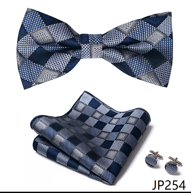 Great Quality Silver Office Butterfly Hanky Cufflink Set Bowtie For Men Geometric Hombre Formal Clothing