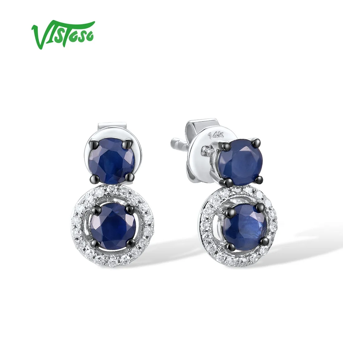 

Женские серьги-гвоздики с синим сапфиром VISTOSO, серьги из белого золота 14 к 585 пробы, со сверкающими бриллиантами, модные ювелирные украшения из драгоценных камней