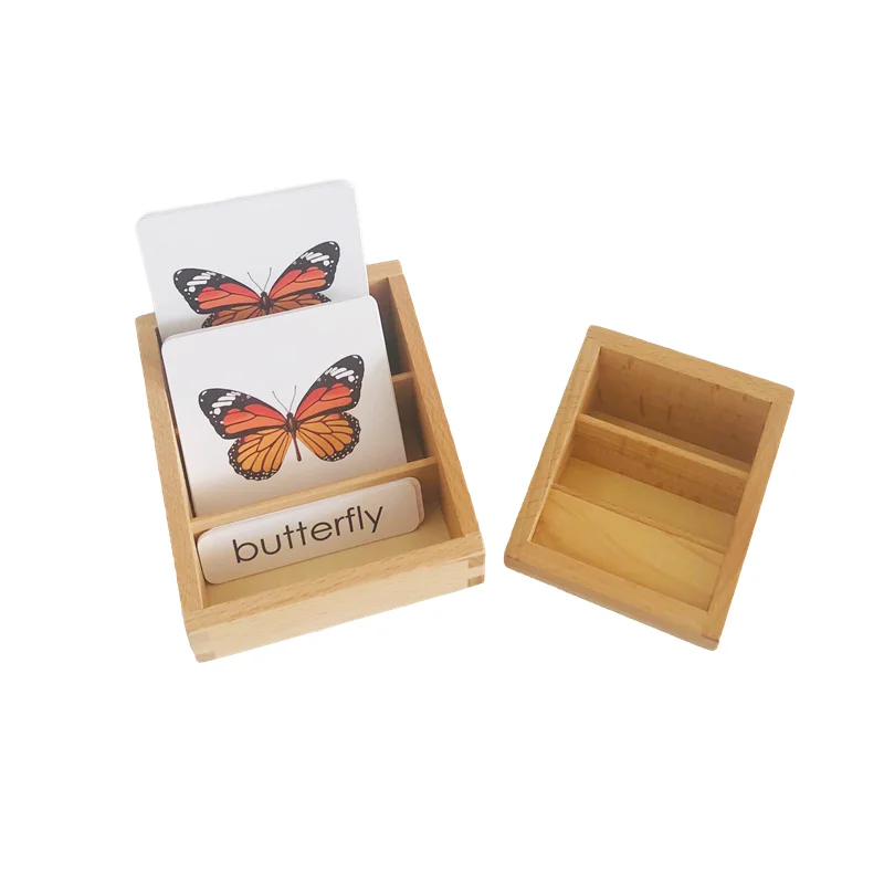 Contenedor de madera de 3 secciones para tarjetas Montessori, Mini bandeja, caja de almacenamiento de organización, equipo de área de idioma/cultivo