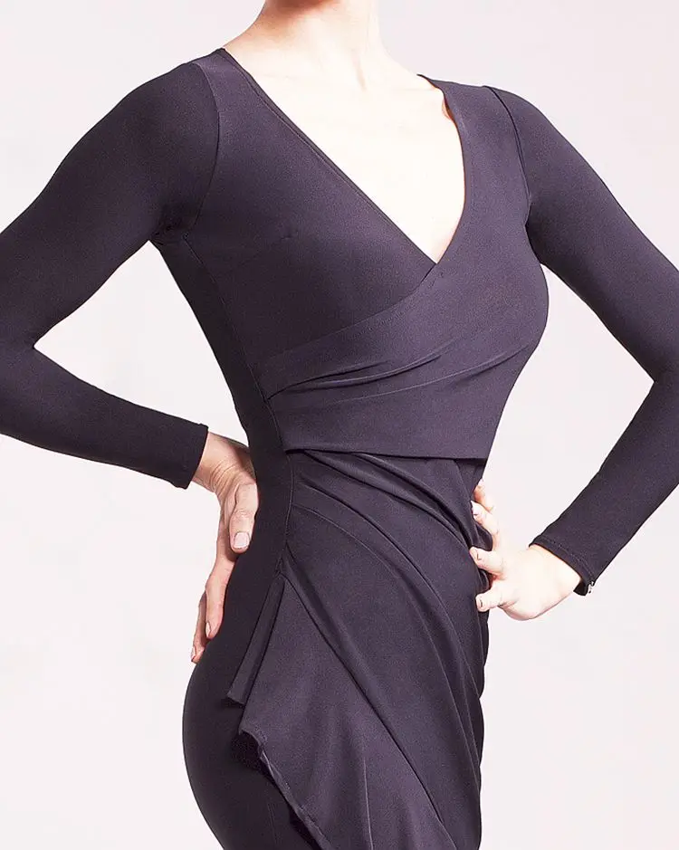 Black V Neck Latin Dance Dress Long Sleeve Salsa Dress Tango Dance Costumes Rumba Dress For Dancing Clothes Dance Wear