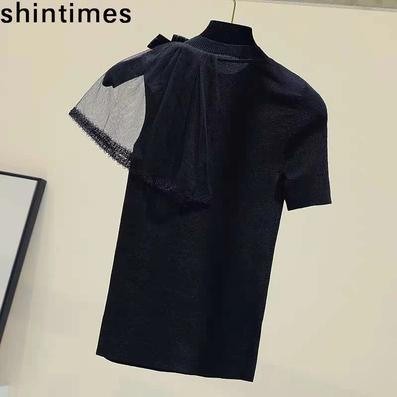 Camisetas De Mujer Bow Knitted  T Shirt Women Mesh Patchwork Short Sleeve T Shirts Woman Clothes New 2022 Summer Tops Tee Shirt